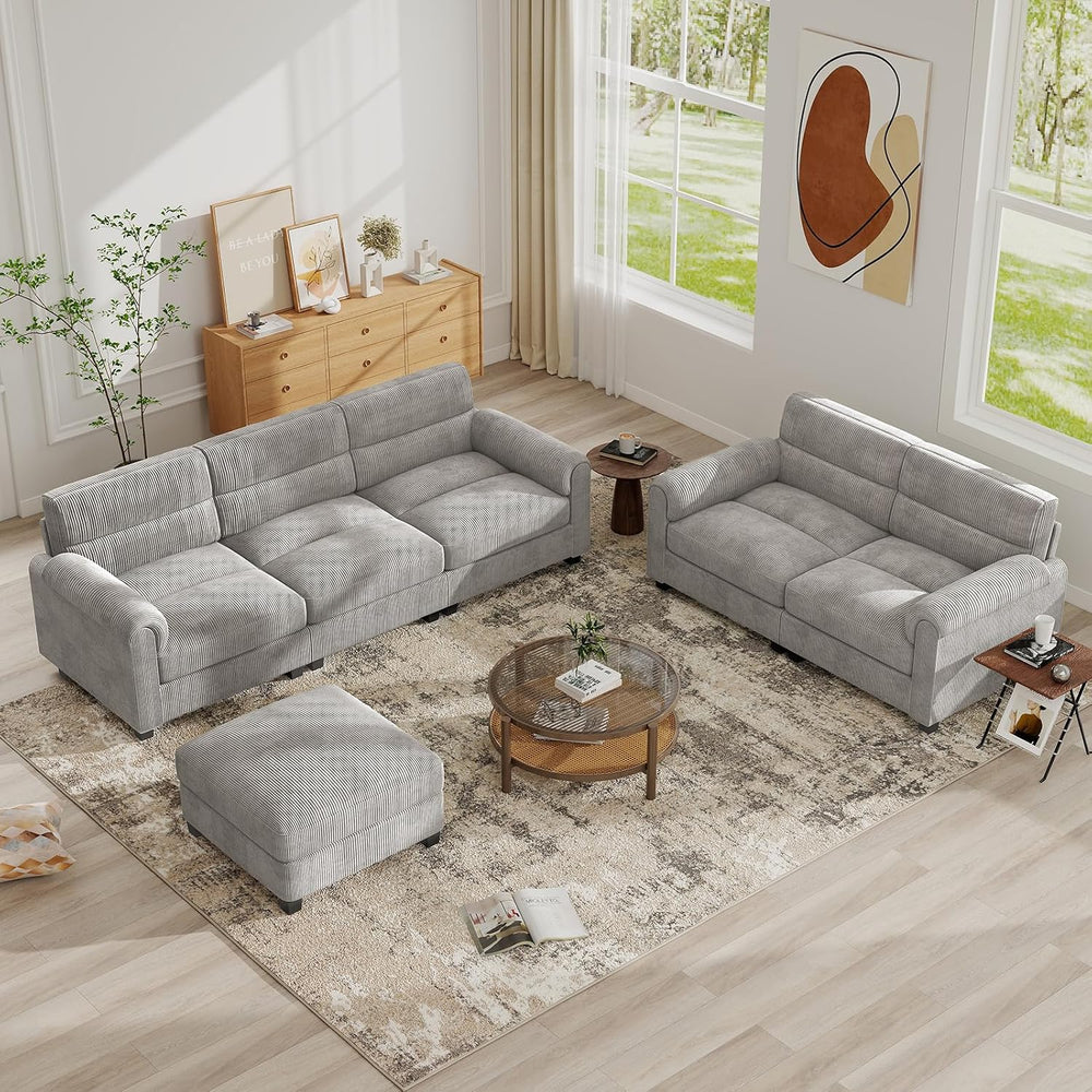 Bonzy Home Corduroy Couch Sets for Living Room, Light Gray