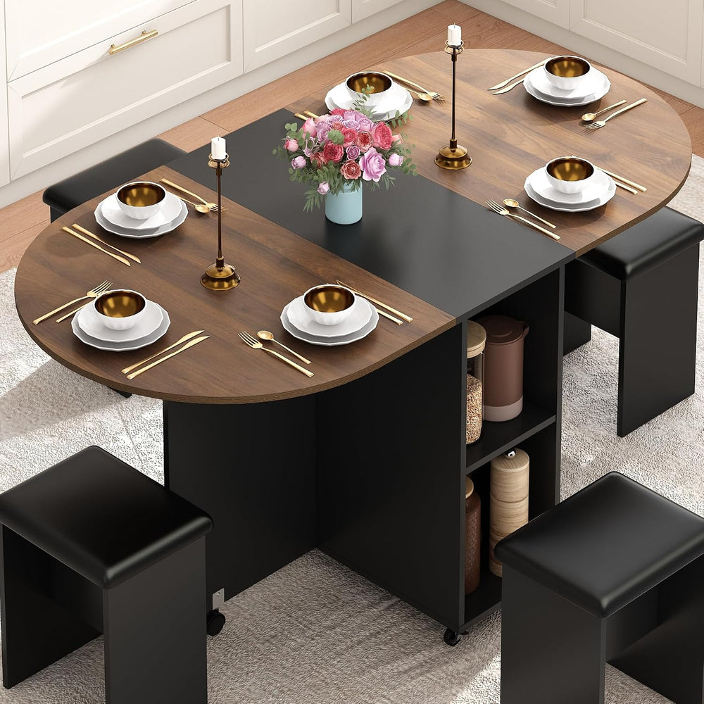 5 PCS Farmhouse Dining Table Set for 4,60" Large Round Folding Dining Ta...