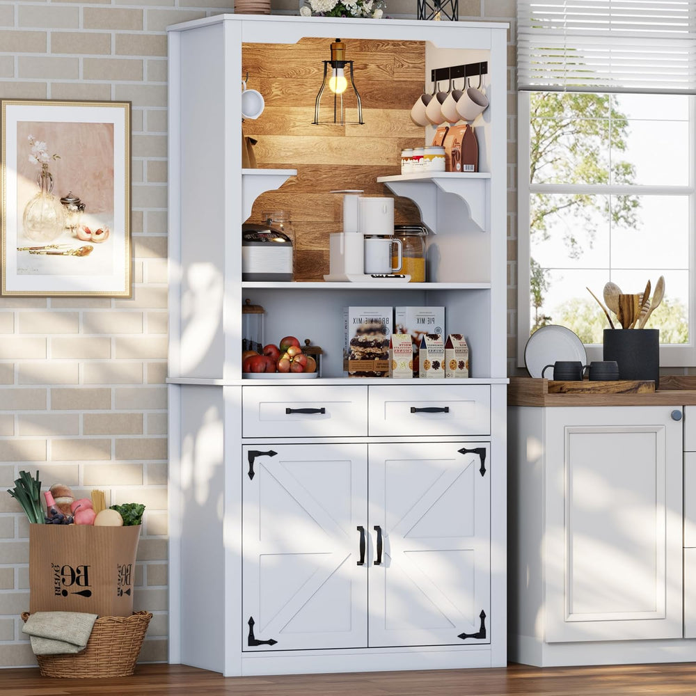 Farmhouse Coffee Bar Cabinet with Led Light - 70.8'' Tall Coffee Hutc...