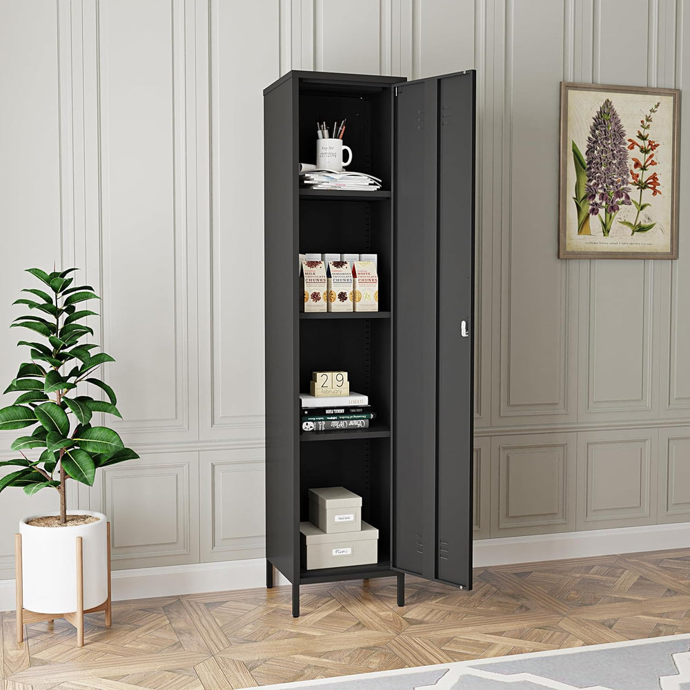 Tall Single Door Metal Locker with Adjustable Shelves, Black Tall Metal Locke...