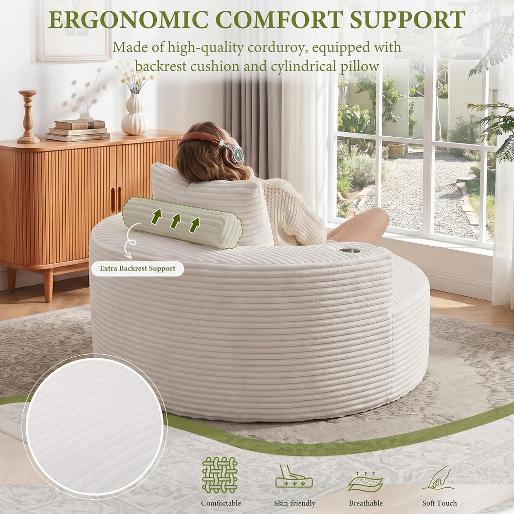 55.5" Oversized Round Chaise Lounge Chair Indoor, Corduroy White | Moder...