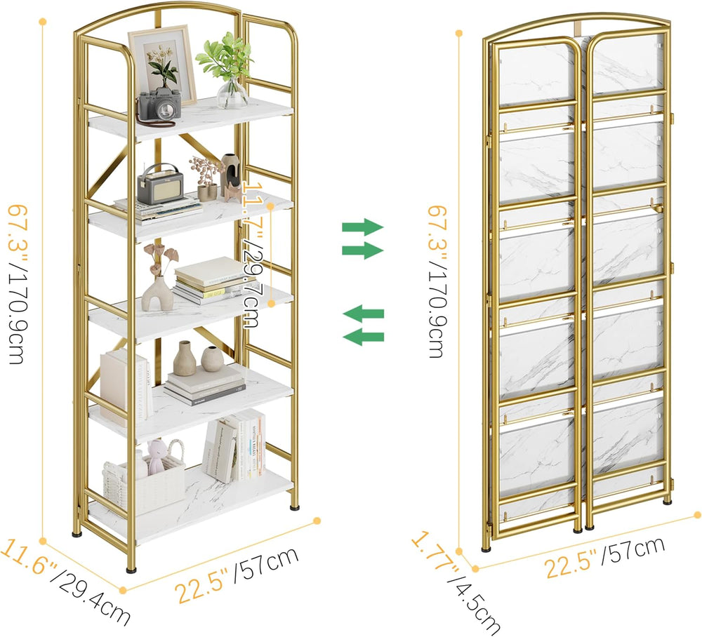 No Assembly,Gold Folding Bookshelf 5 Tiers, Vintage Storage Rack,Brown&Gold