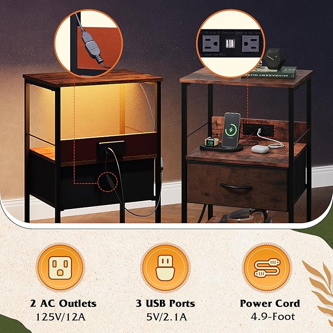WLIVE Night Stand with Charger Station, LED Nightstand with Adjustable Fabric...
