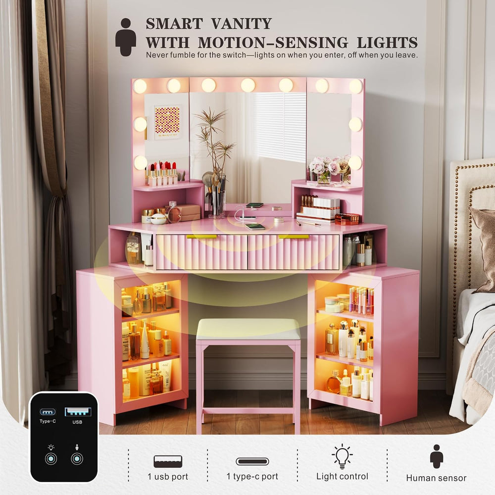 Corner Vanity Desk with LED Mirror, Power Outlet and 3 Light Modes - Pink | S...