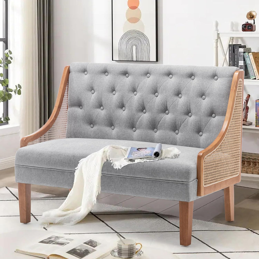 Upholstered Settee Bench Small Loveseat Sofa Rattan Dining Bench with Back Ba...
