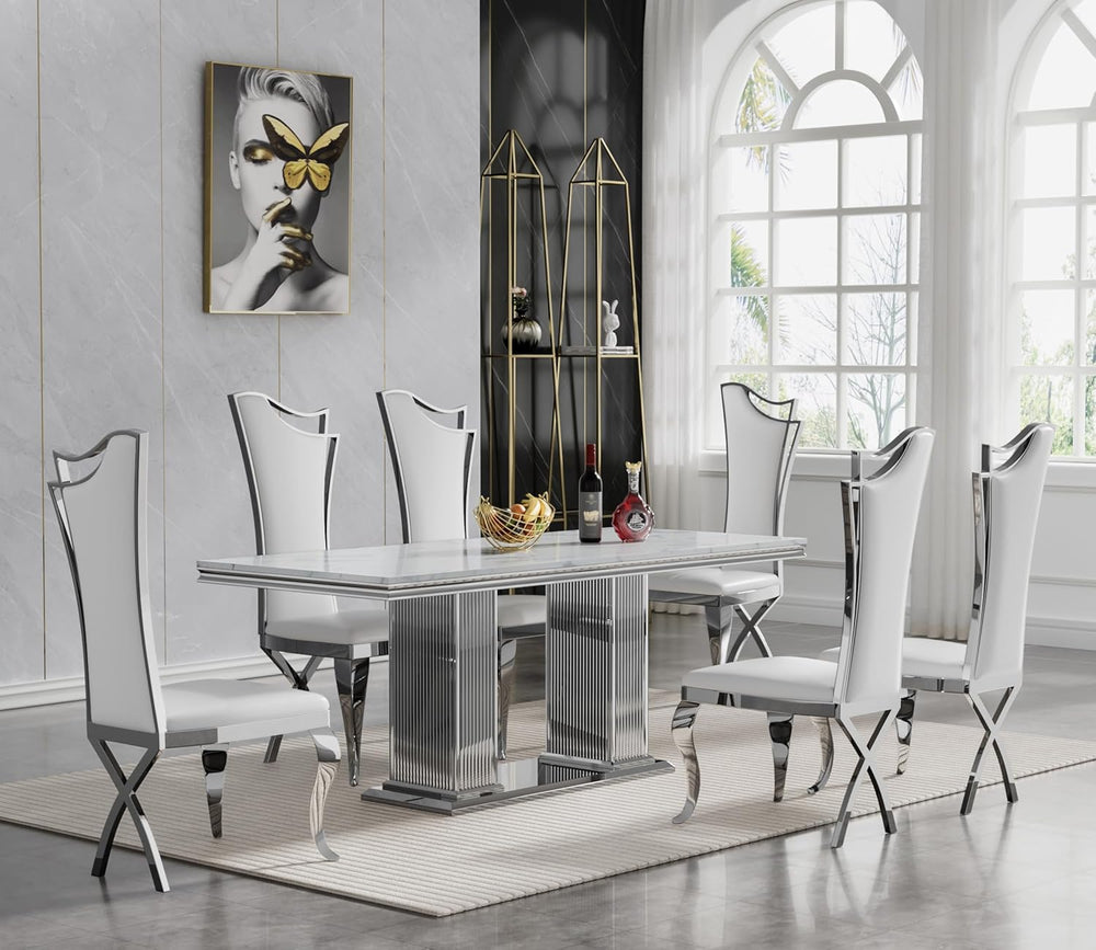 68 in Faux Marble Dining Table for 4-6, White Marble Dining Table with Silver...