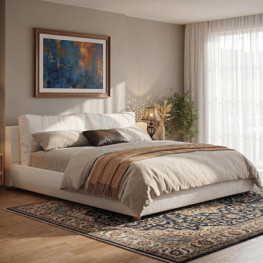 DNYN California King Size Boucle Platform Bed with 2 Removable Pillows for Be...