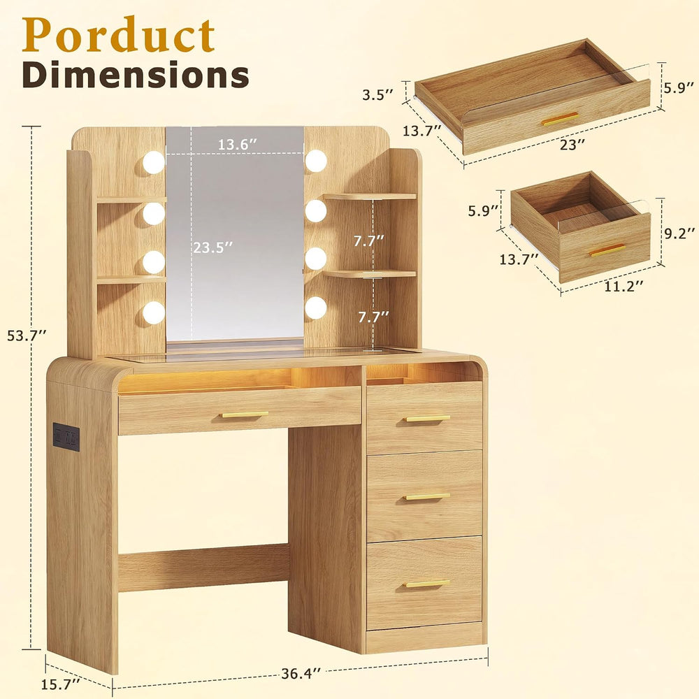 HUAHUU Vanity Desk with Mirror and Lights, Makeup Vanity with 4 Drawers, Tran...