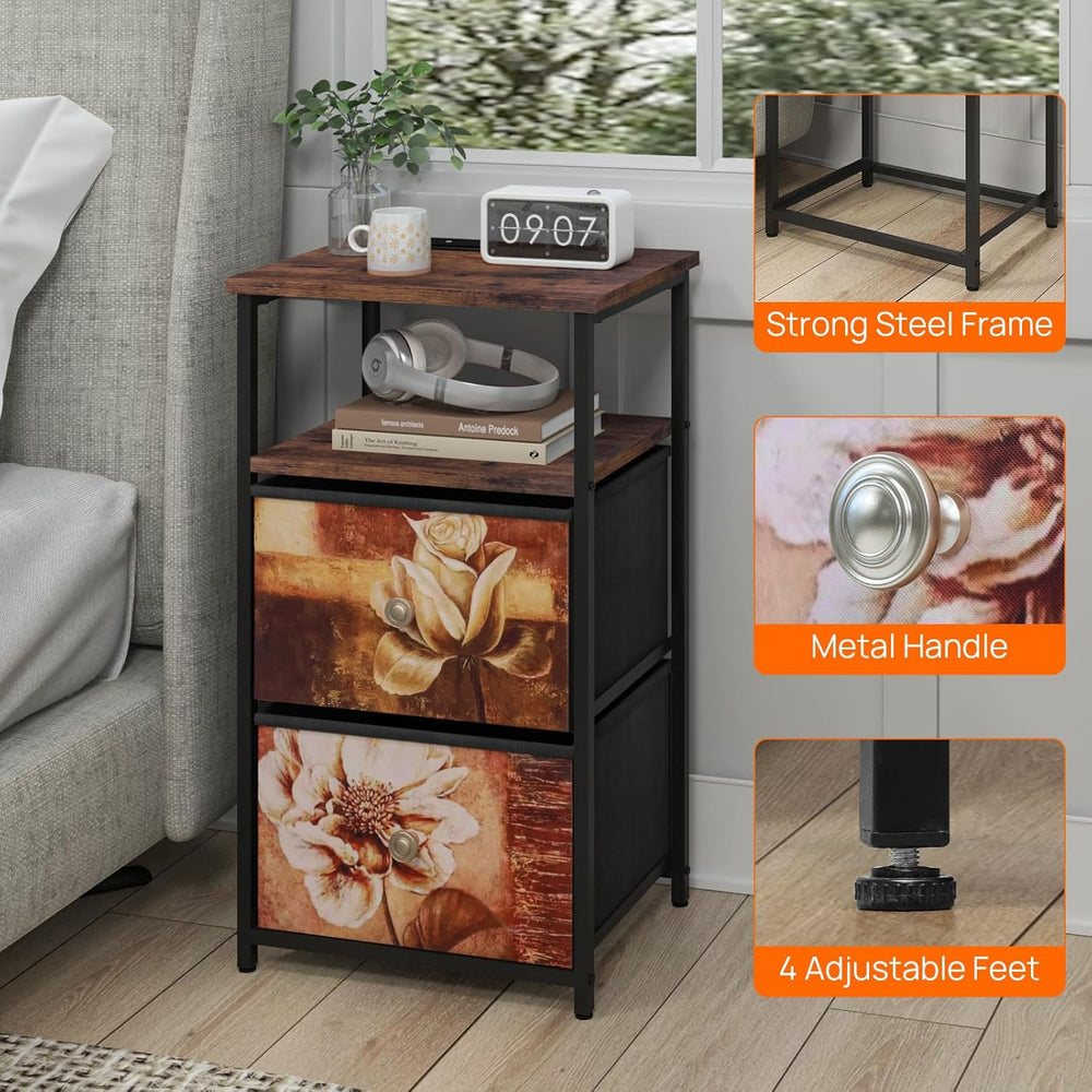 ALBAD Nightstand with Charging Station and LED Lights, Brown Flower Drawers |...