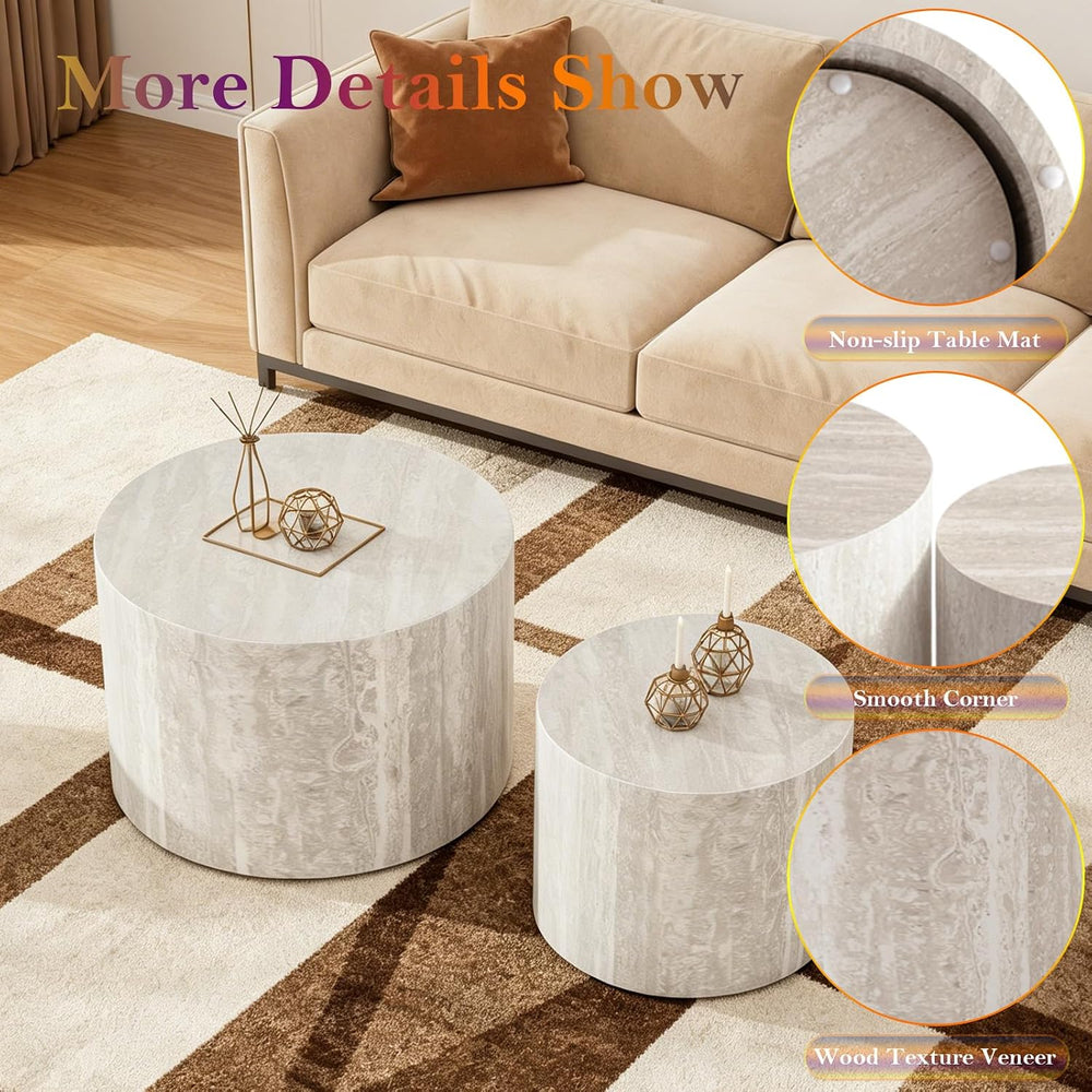 Round Travertine Coffee Table Set of 2 (C 18.1+14.6in) | Modern Stripe Circle...