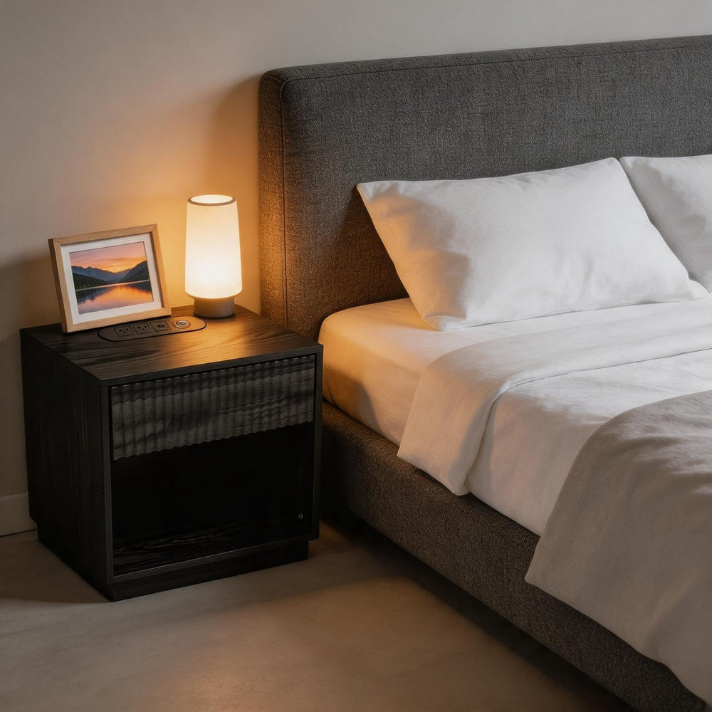 Night Stand with Charging Station, 23 Inch Tall Fluted Modern Bedside Table w...
