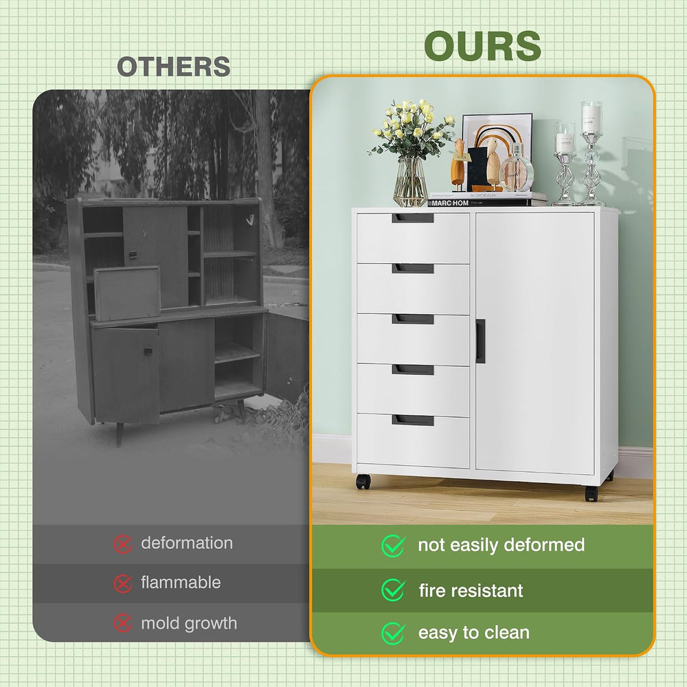 5-Drawer Metal Storage Cabinet with Adjustable Shelves and Wheels, Printer St...