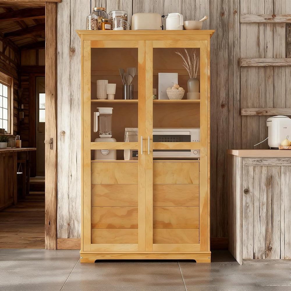 75" Tall Farmhouse Kitchen Pantry Cabinet with 2 Glass Doors & 4 Bui...