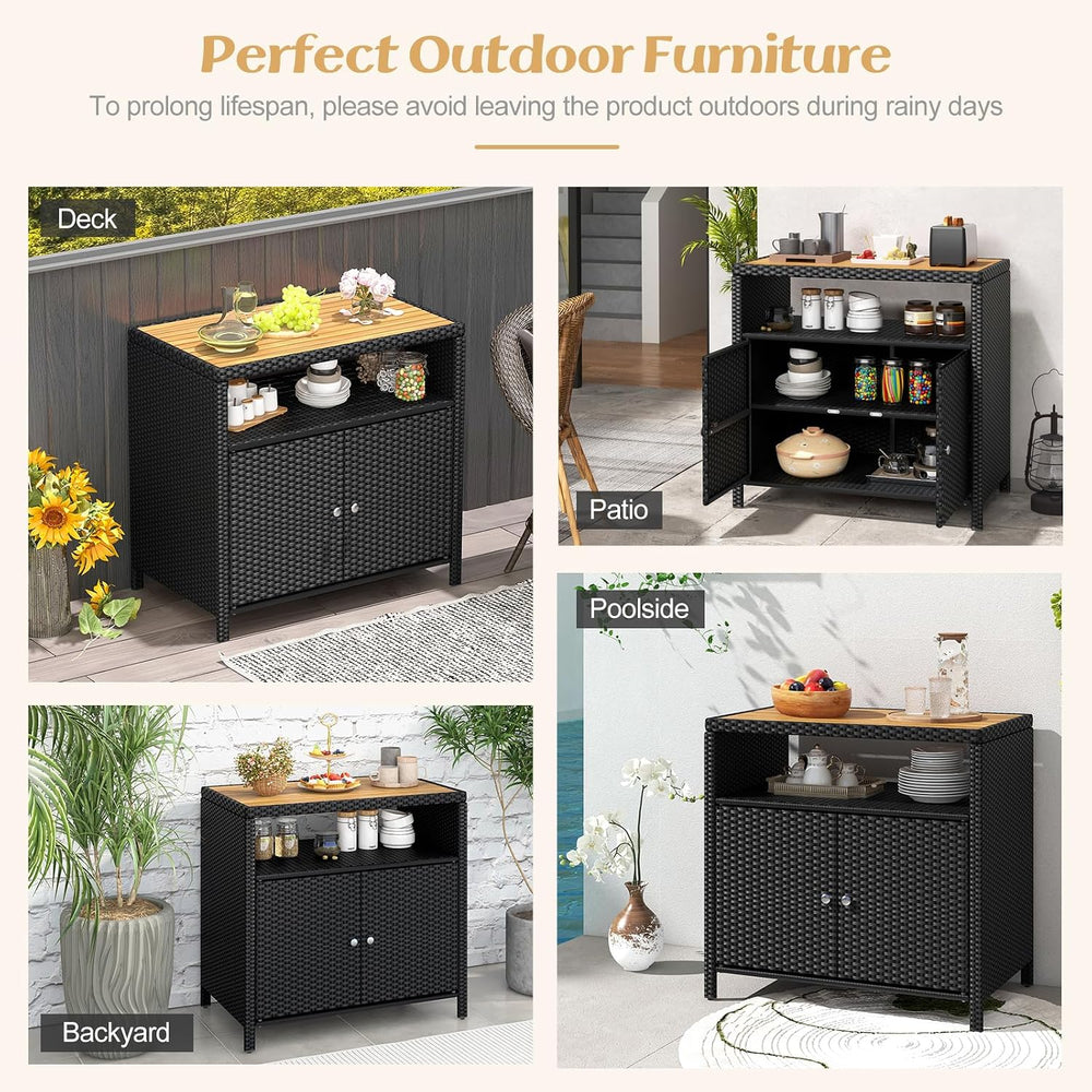 DREAMADE Outdoor Storage Cabinet, Wicker Patio Cabinet with Wood Top, Black