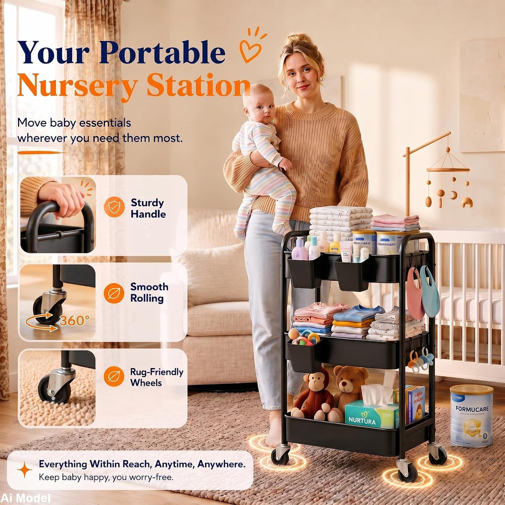 3 Tier Rolling Cart Metal with Wheels,Black Three Tiered Dorm Storage Carts
