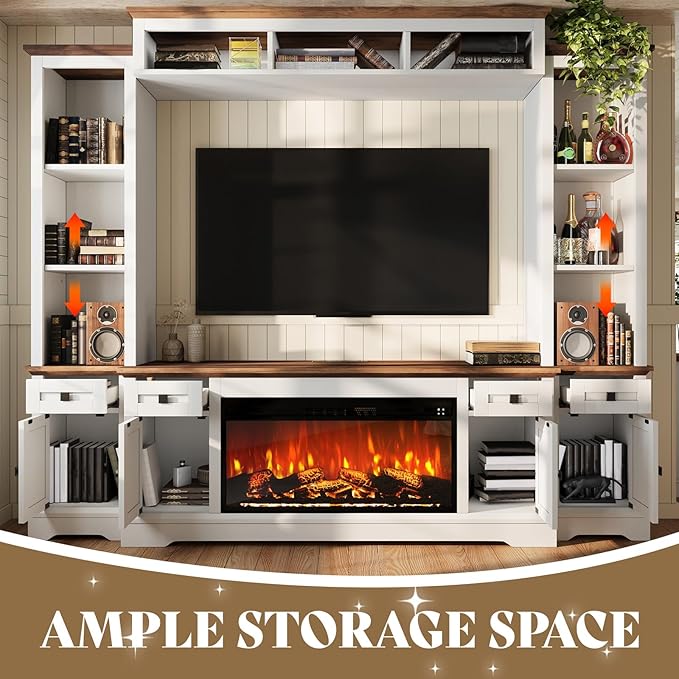 AMERLIFE 98in Farmhouse Entertainment Center with 36" Fireplace, TV Stan...