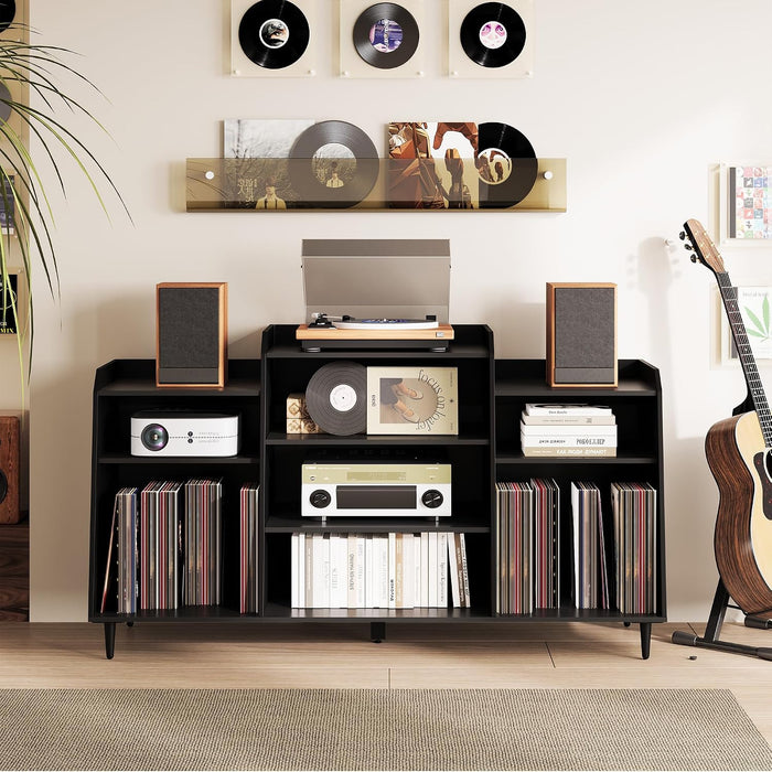 Rresyet 55" Record Player Stand with Charging Station, 4-Tier Vinyl Record Storage Cabinet with Divided Shelves, Adjustable Shelf,Large Capacity Storage for Music Room Living Room(Upgrade)
