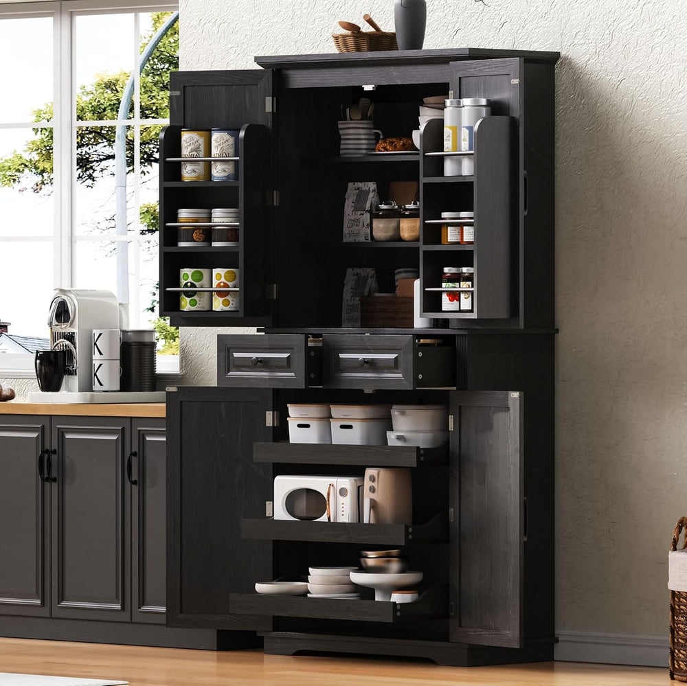 71.3" Tall Kitchen Pantry Cabinet with 3 Pull Out Organizers, Farmhouse ...