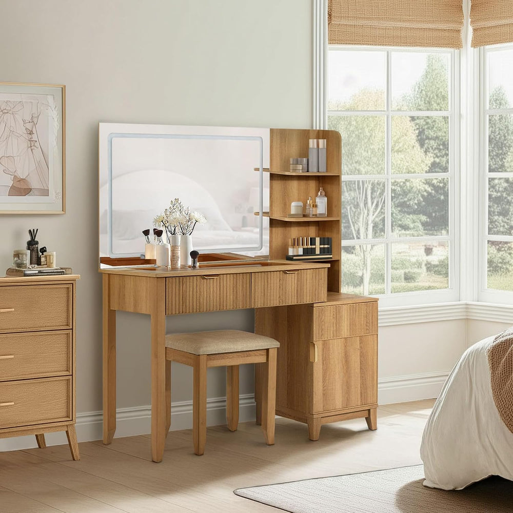 Vanity Desk with Stool, Mirror and Lights 3 Color, Makeup Vanity with Power O...