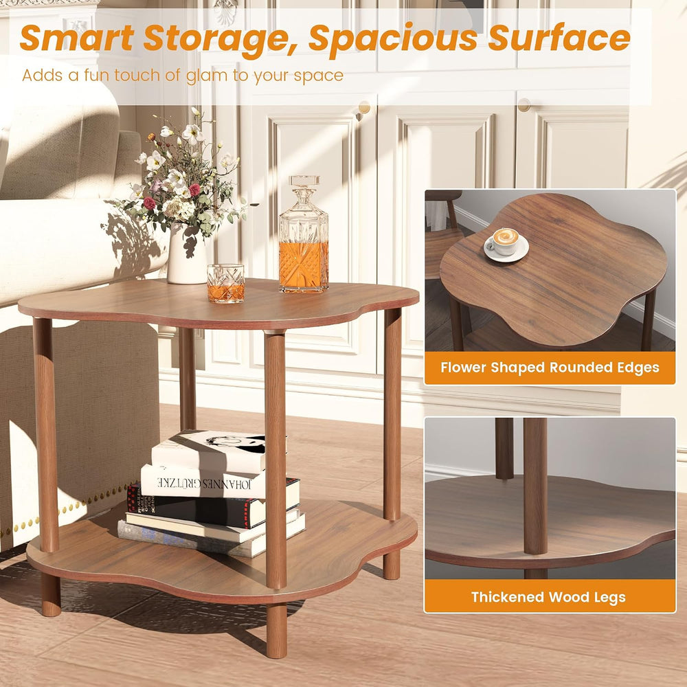 Wood End Side Table with Storage Shelf, 2-Tier Flower Shaped Coffee Table for...