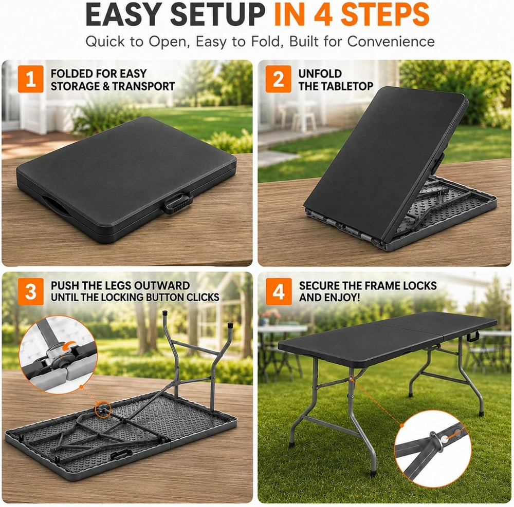 Folding Table 6ft, Heavy Duty Plastic Fold-in-Half Utility Table, Black | Por...