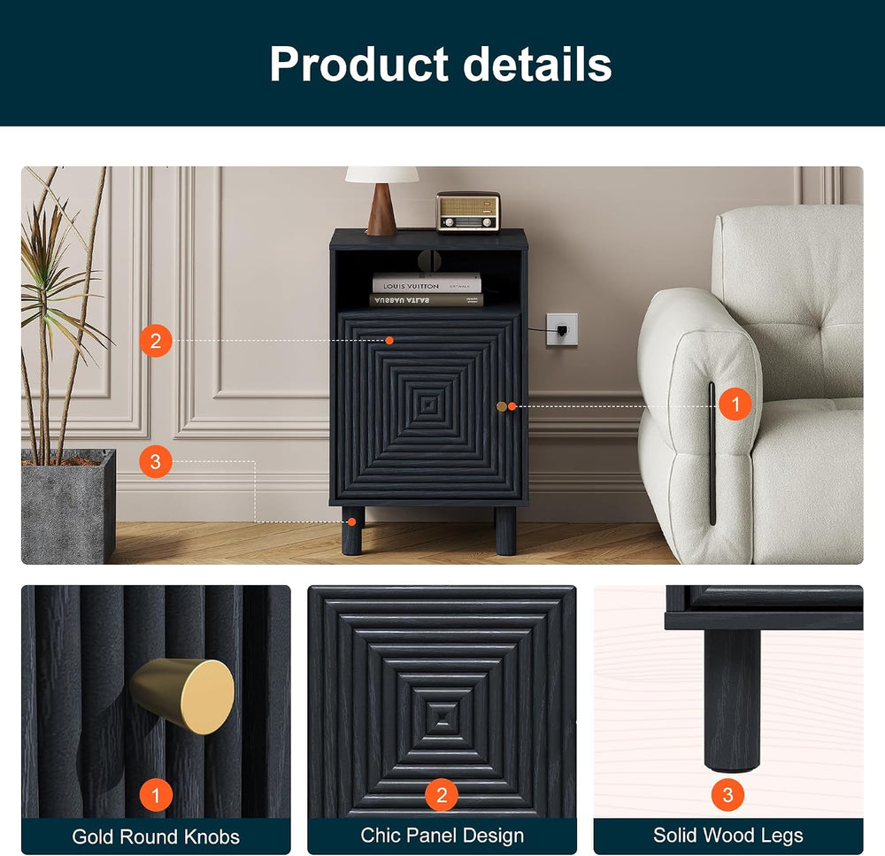 RoyalCraft Black Nightstand with Charging Station, End Table with Storage | M...