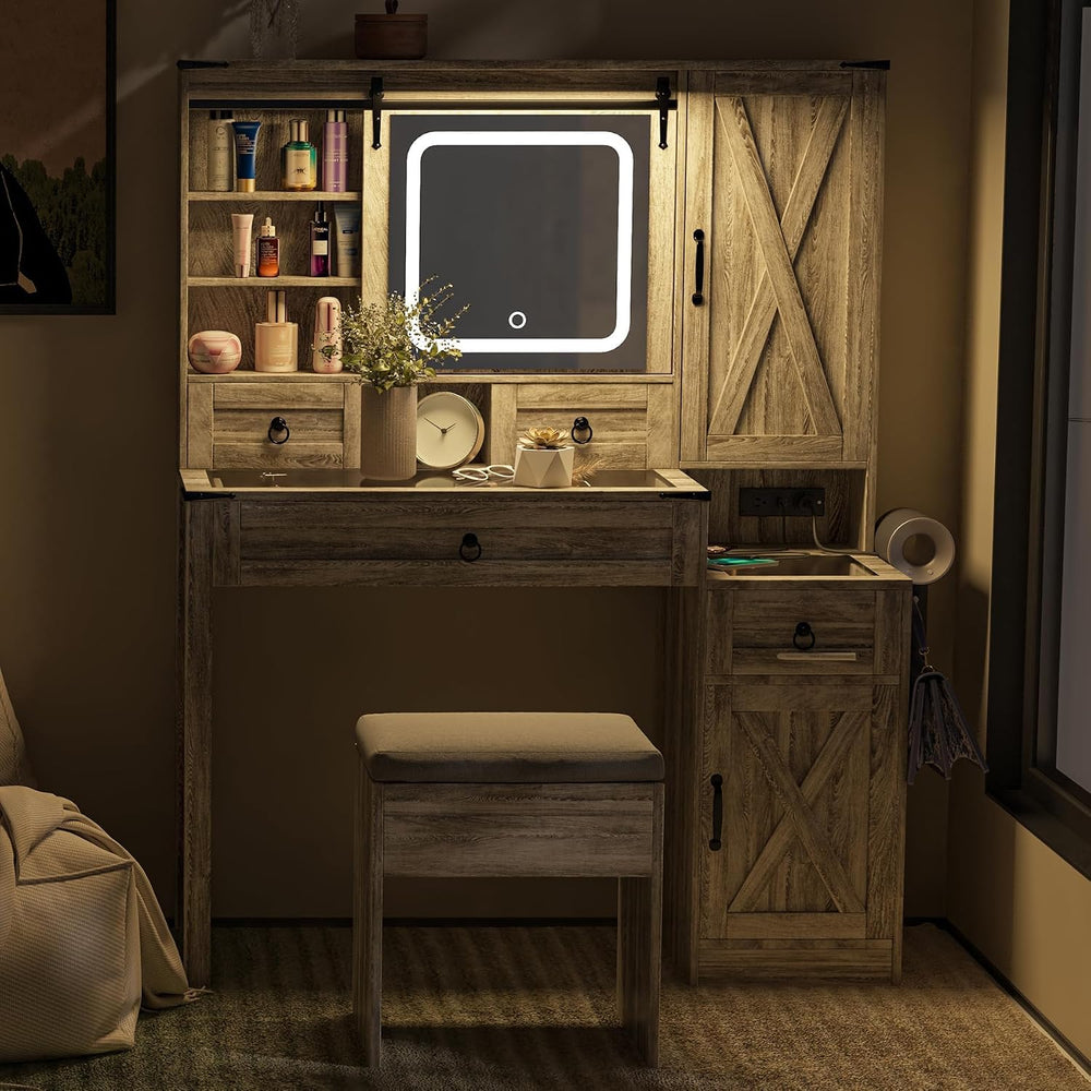 Farmhouse Vanity Desk with Mirror and Lights, 42” Makeup Vanity with Charging...