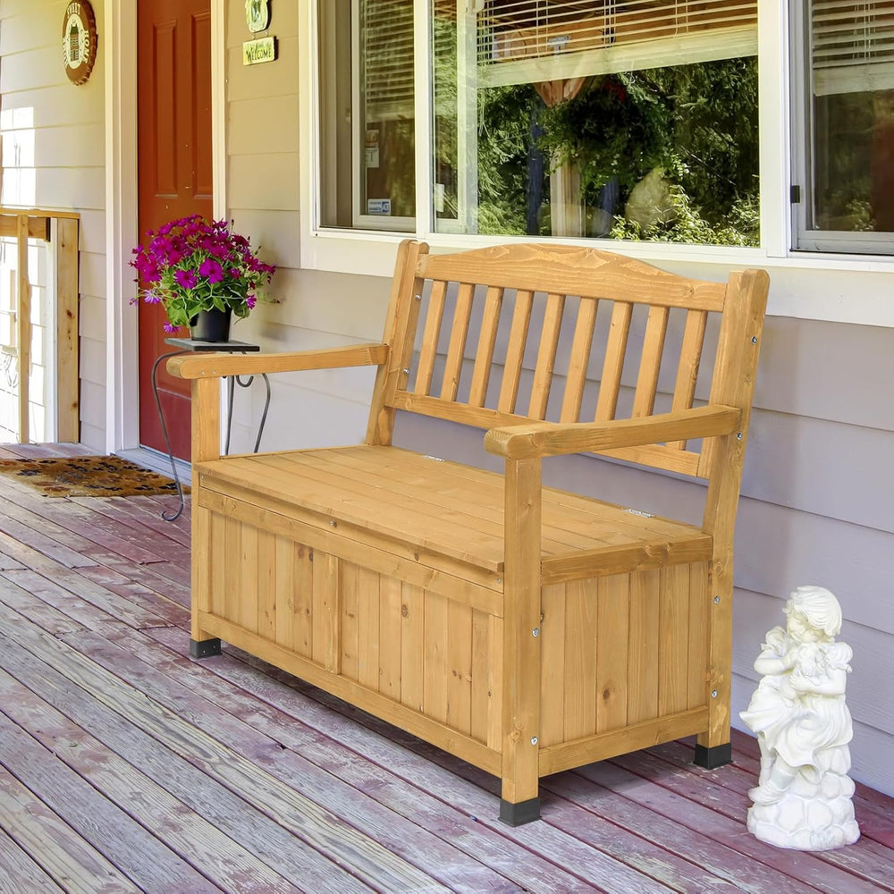 Fir Wood Outdoor Storage Bench, 2-Seater High Backrest Patio Loveseat with Ar...