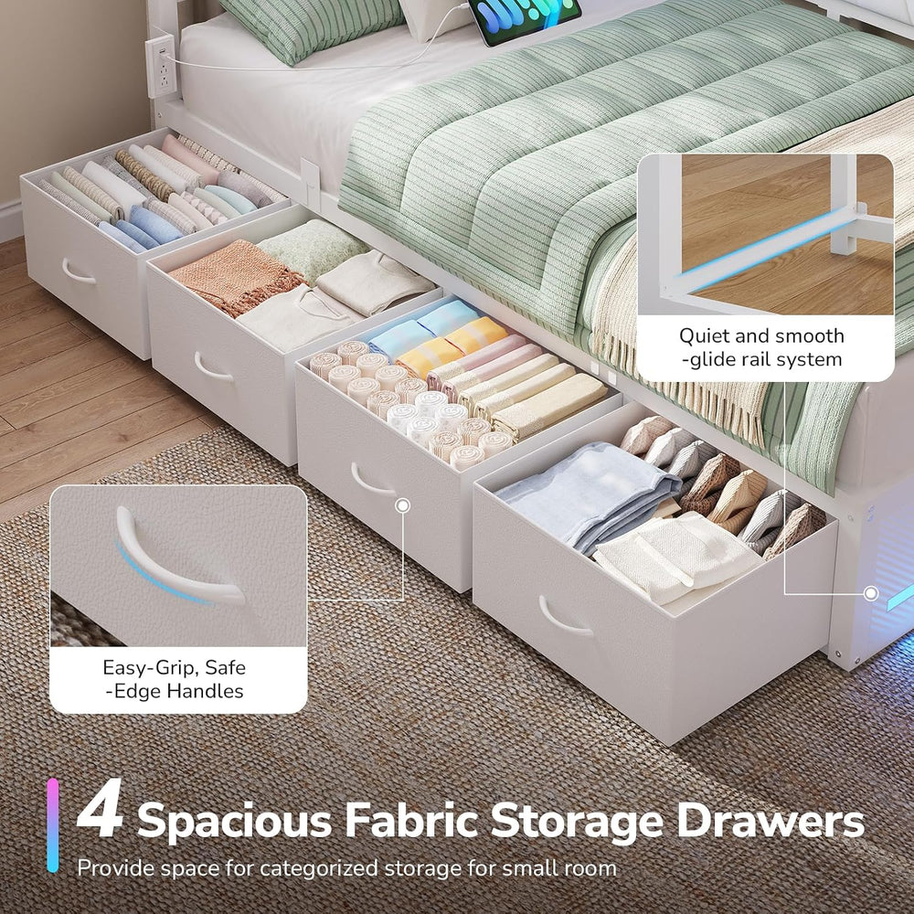 Full Corner Bed Frame with 4 Storage Drawers and Charging Station, White