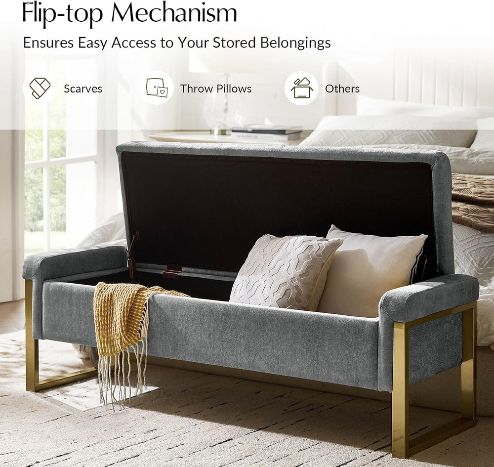 Modern Storage Ottoman Bench with Gold Metal Legs Upholstered Footrest End-of...