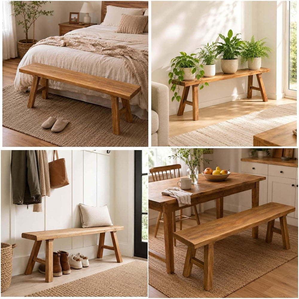 Farmhouse Solid Wooden Narrow Bench Natural Rustic Kitchen Dining Table Skinn...
