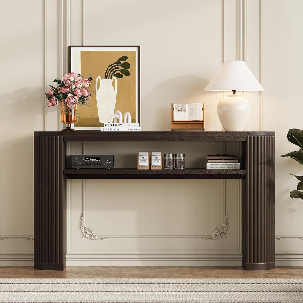 Vintage Farmhouse Console Table with Fluted Legs & Ash Veneer Top - Oval ...