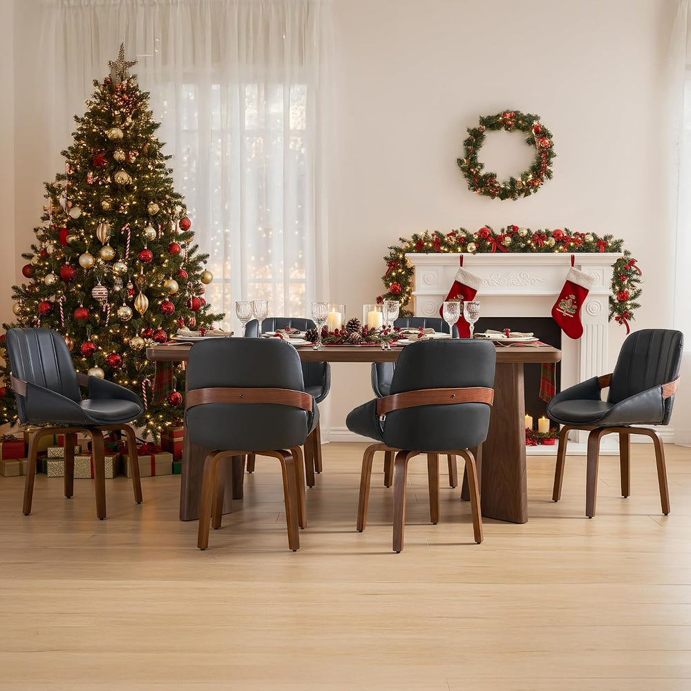 Swivel Dining Chairs Set of 6, Black Leather Dining Room Chairs | Mid Century...