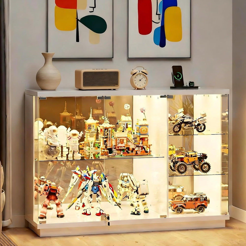 Gurexl 47.2" W Glass Display Cabinet with 3-Color LED Lights, 5-Tier Loc...