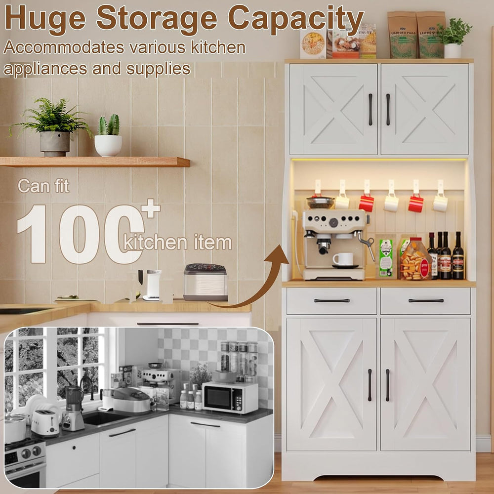 DreamDashio 73" Tall Pantry Cabinet with Charging Station & LED Ligh...