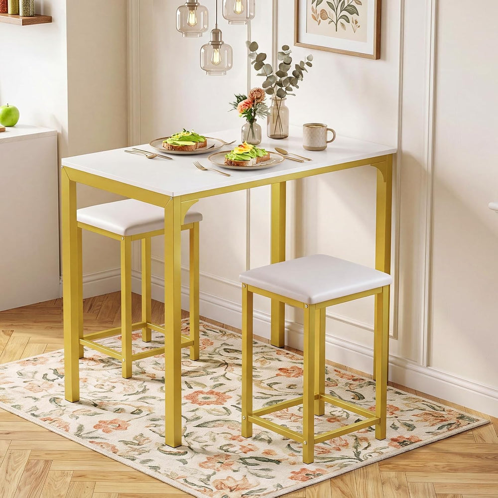 GIANTEX 3-Piece Dining Table Set for 2, Upholstered Stools (White+Gold) | Cou...