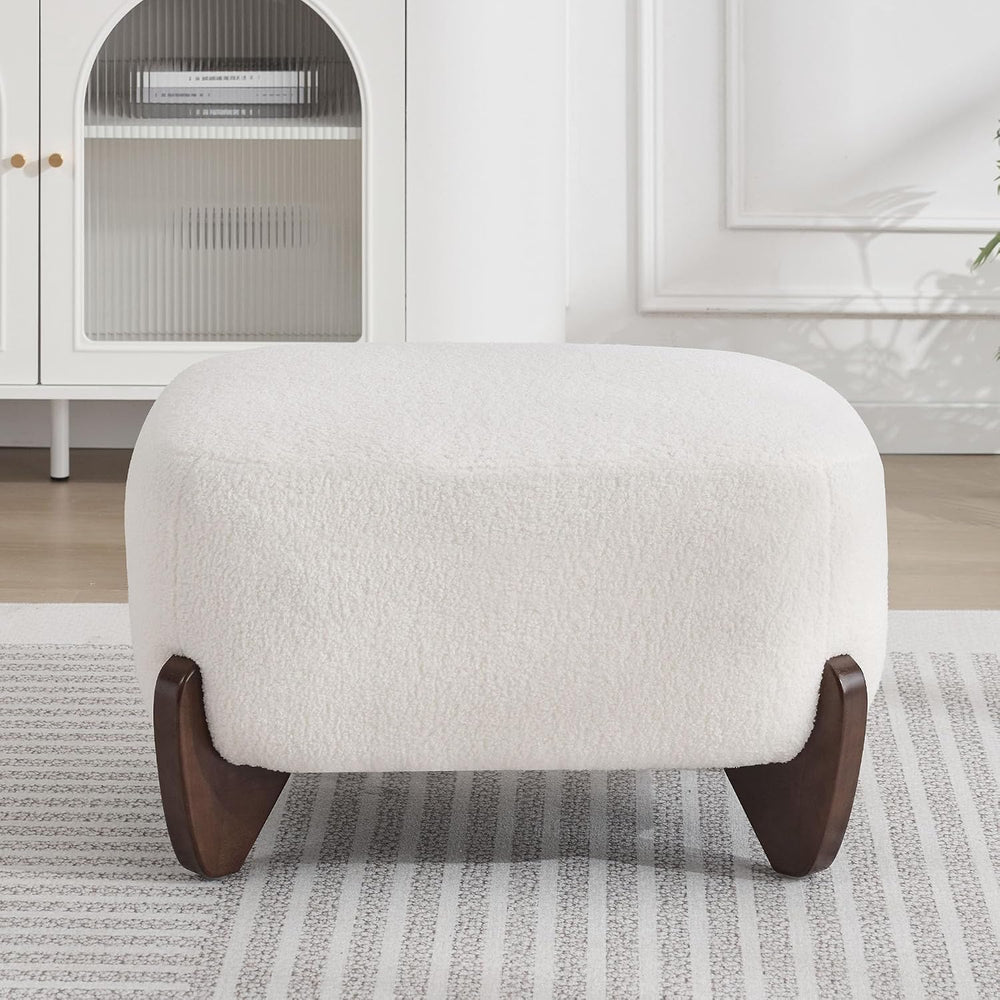 WUTUTUEE 28.7" Sherpa Boucle Ottoman with Solid Wood Legs, Modern Uphols...
