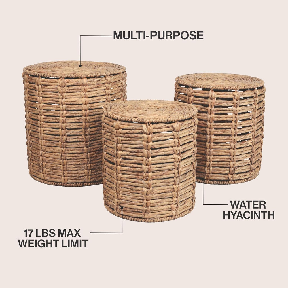 JONATHAN Y Zaria Woven Water Hyacinth 3-Piece Nesting Round Table, Natural | ...