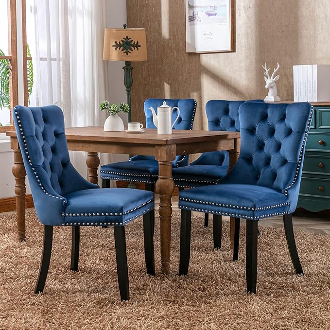 Modern Dining Chairs Set of 4, Tufted Upholstered Dining Chair with Solid Woo...