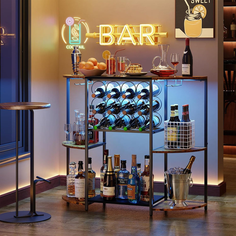 JKsmart Wine Bar Cart with LED Lights, Mini Wine Rack with Storage and Glass ...