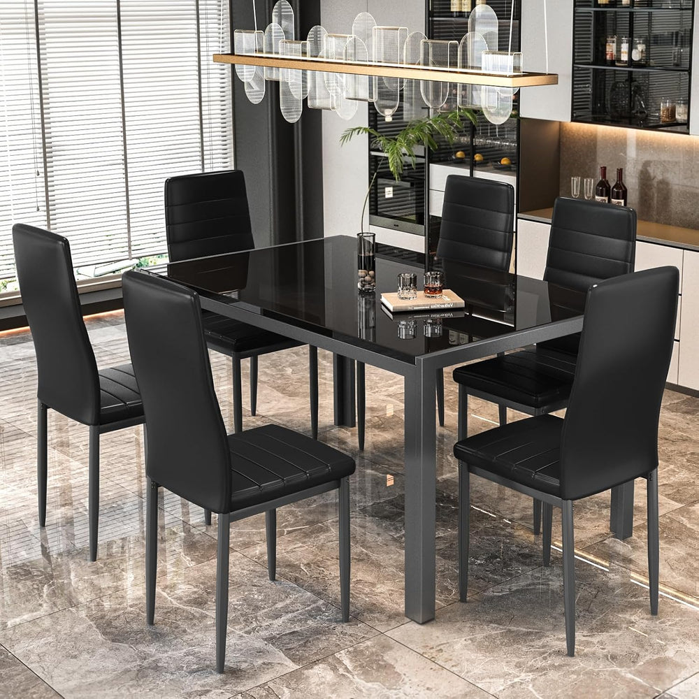 DKLGG Glass Dining Table Set for 6, Modern Kitchen Table with 6 PU Leather Ch...