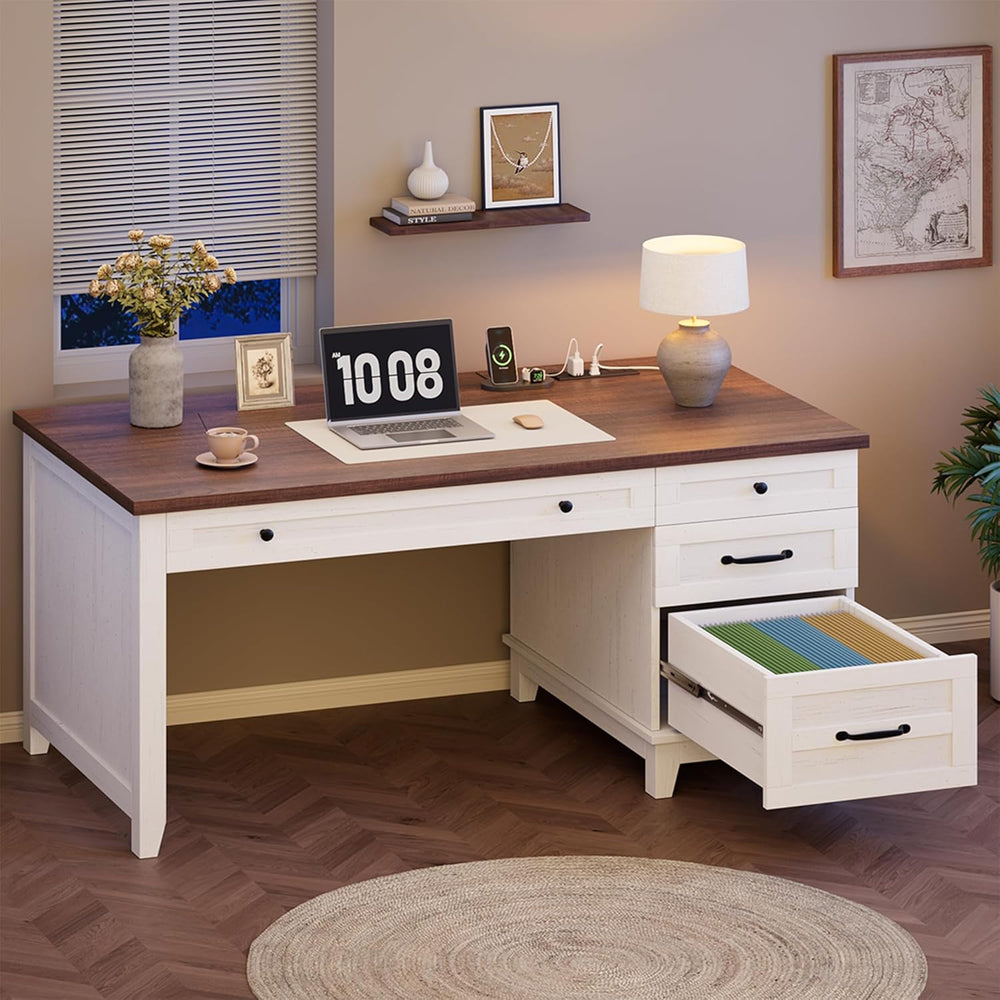 Garvee 53.5" Wooden Home Office Desk with File Drawers, Executive Desk w...