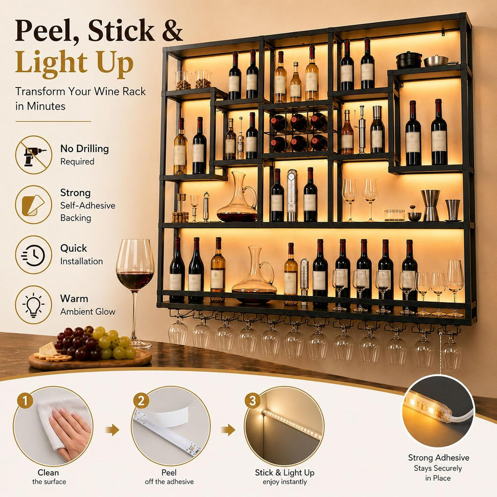 71in LED Wall Mounted Wine Rack with Stemware Holder and Wood Shelves | Combi...