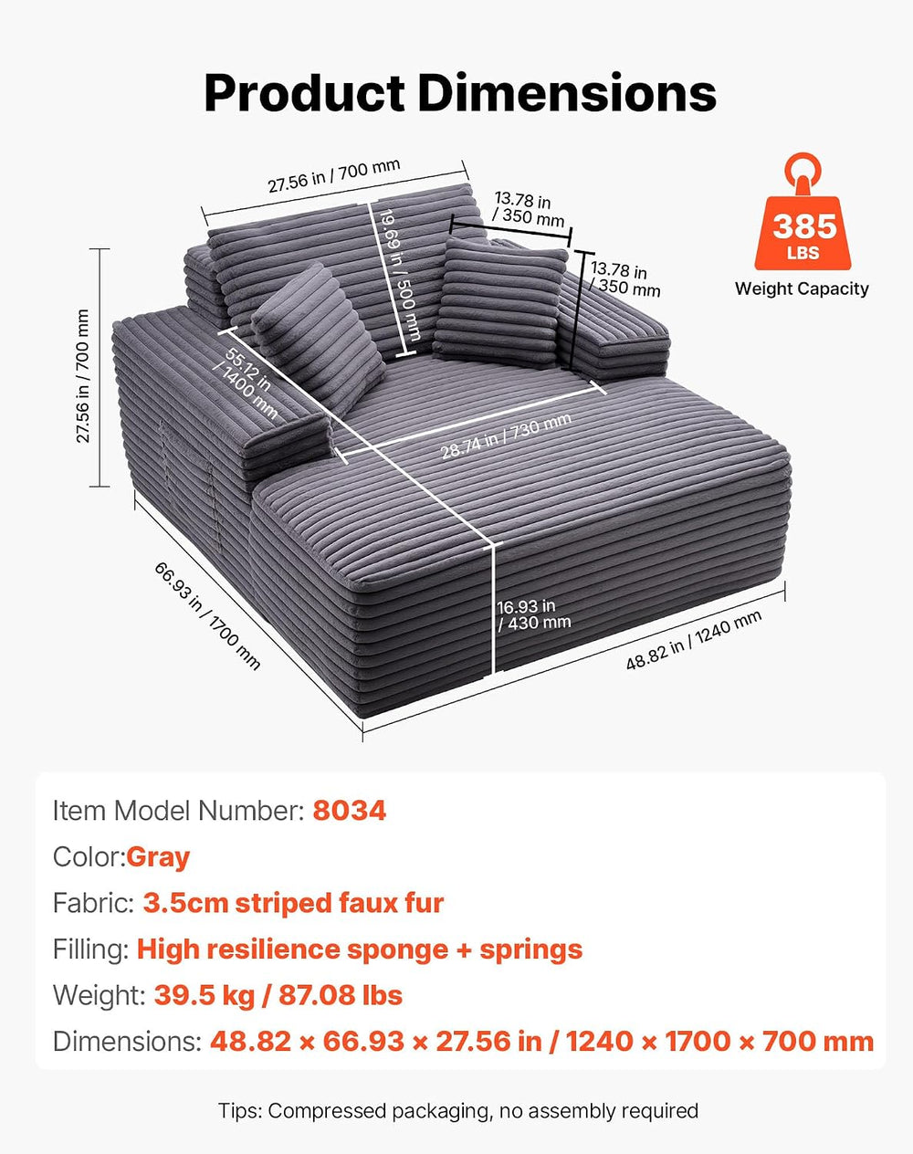 VEVOR Chaise Lounge Chair, 48 in Floor Chaise Lounge Indoor, Modern Upholster...