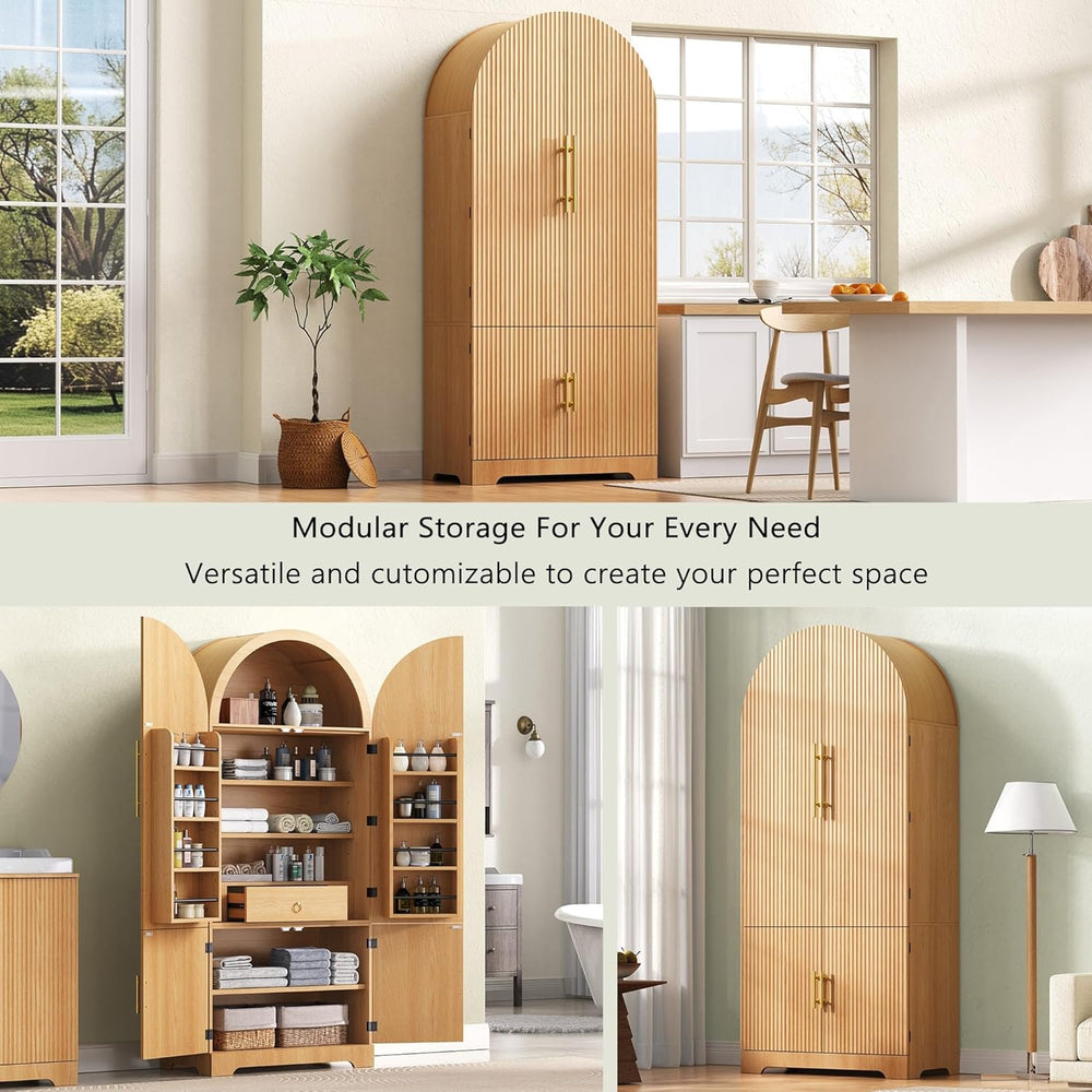 72" Tall Arched Cabinet with Doors, Modern Farmhouse Kitchen Storage Cab...
