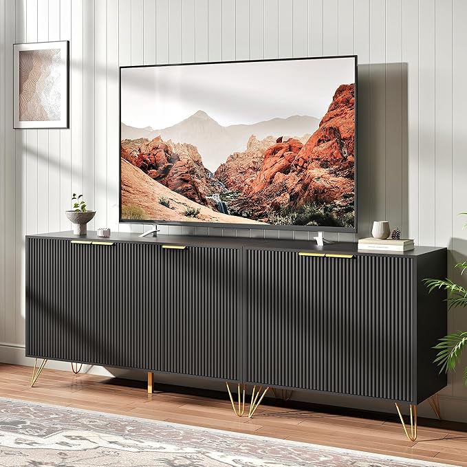 Fluted TV Stand for 80 Inch TV, Modern TV Stand Console, Black Entertainment ...