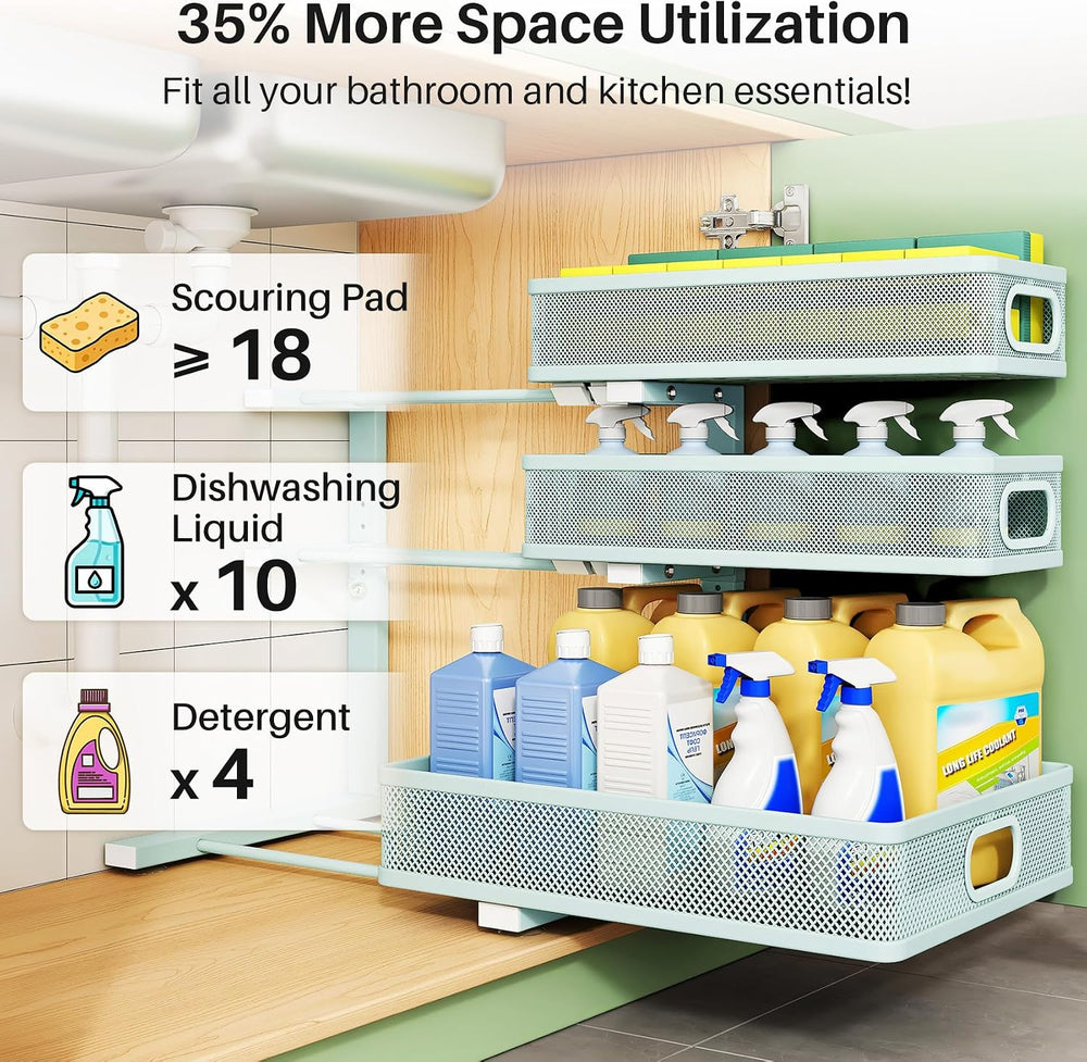 Under Sink Organizer, 2-Pack 3-Tier Height Adjustable Thickened Metal Pull ou...