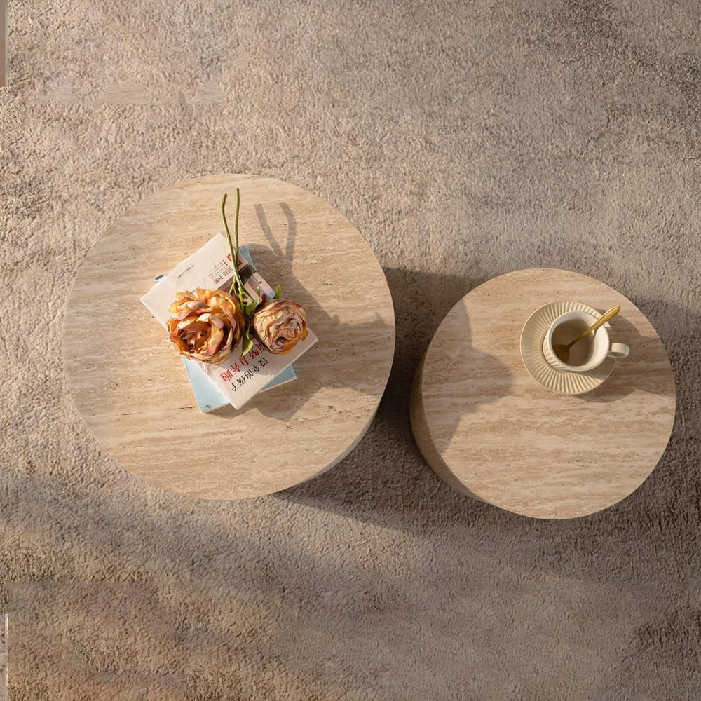 Retro Nesting Coffee Table Set of 2, 33.86" Round Wood Coffee Tables, Ci...