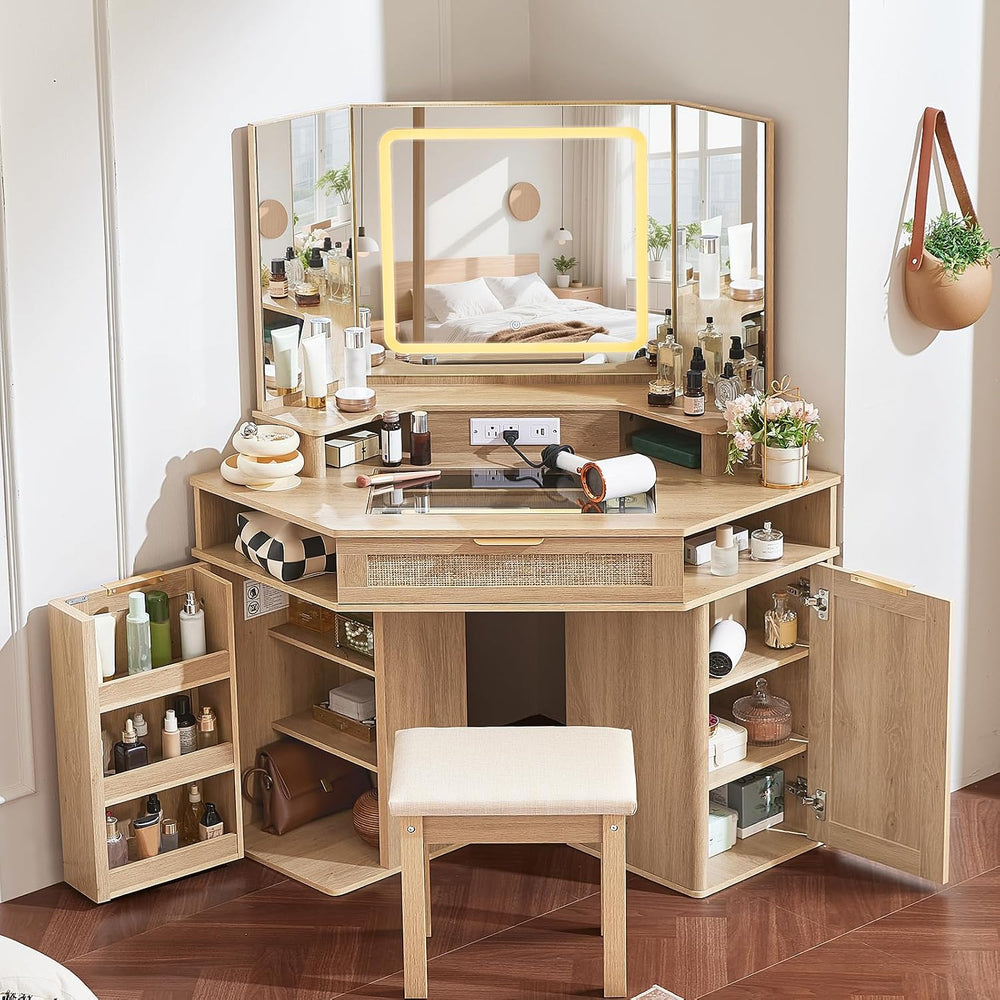 Lerliuo Corner Vanity Desk with 3 Way Mirror and Lights, Stool Sets | 46'...