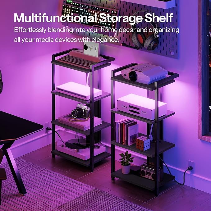 HOOBRO 4-Tier AV Media Stand with Charging Station and LED Light, Wooden Ster...